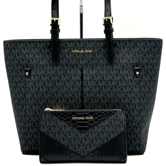 Michael Kors Jet Set Medium Pocket Tote Bag & Double Zip Wallet Black Multi - Picture 2 of 13